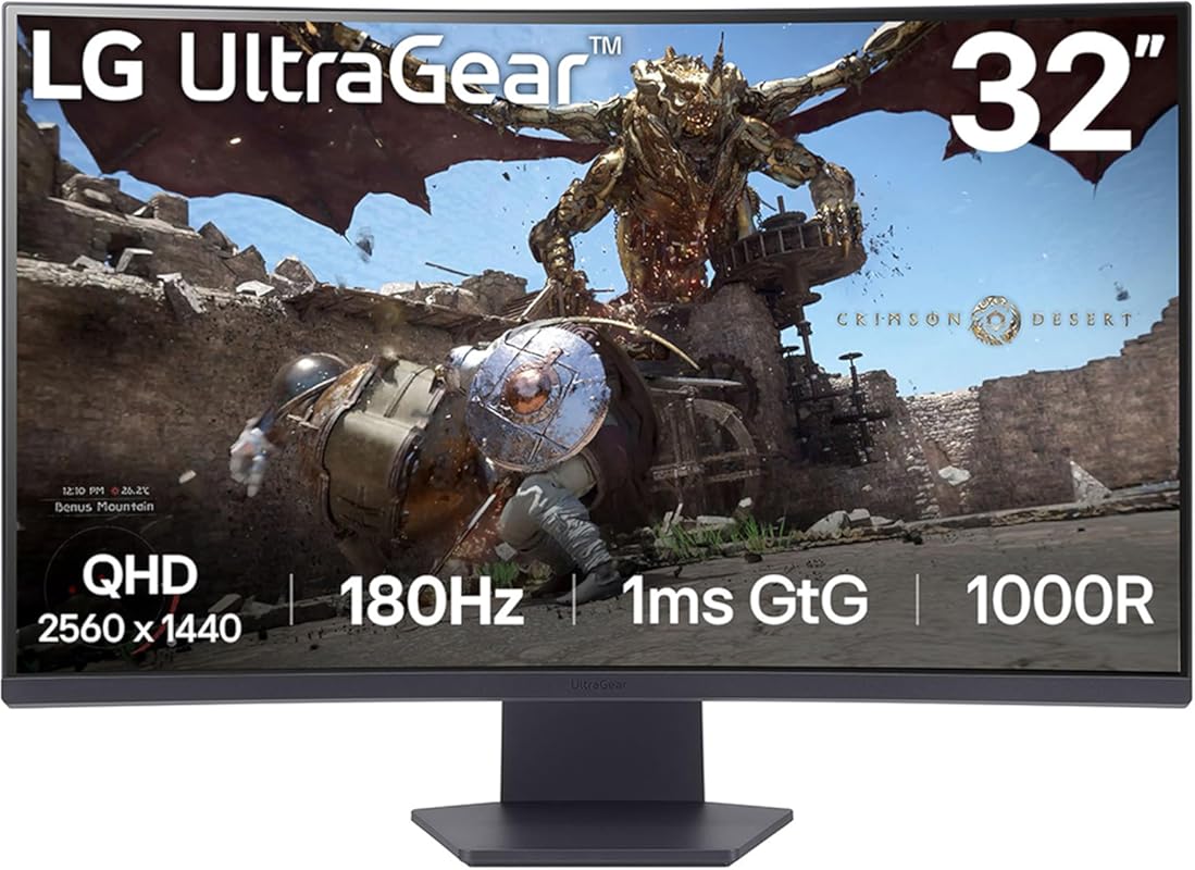 LG 32-Inch Curved QHD Gaming Monitor, 180Hz, 1ms, AMD FreeSync, HDR10,
