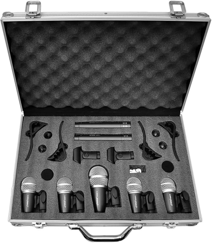 Pyle 7-Piece Wired Dynamic Drum Microphone Kit with Complete Accessori
