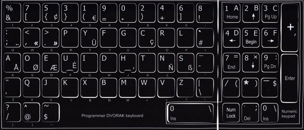 Dvorak Programmer Keyboard Stickers, Non-Transparent Black Background,