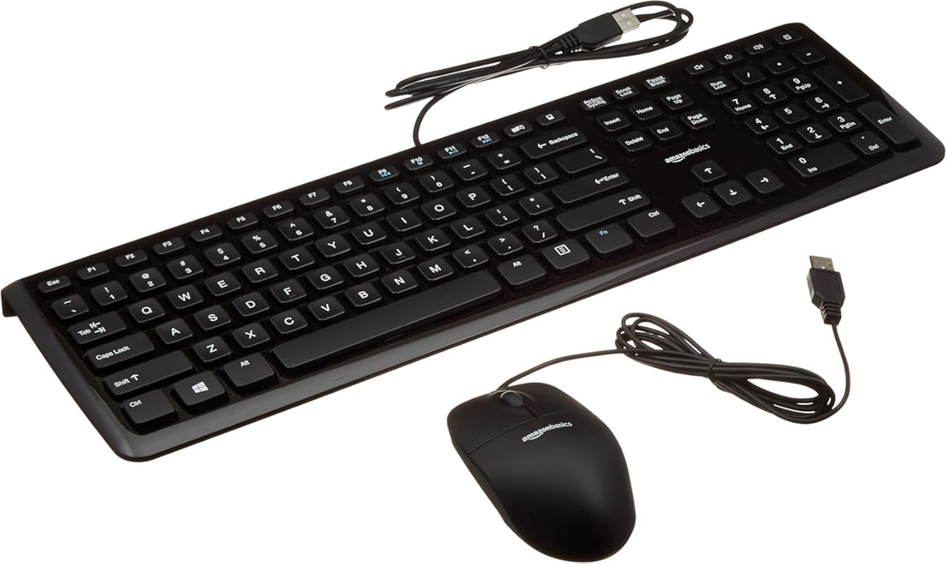 Amazon Basics Wired Keyboard Mouse Bundle: Full-Sized QWERTY Layout fo