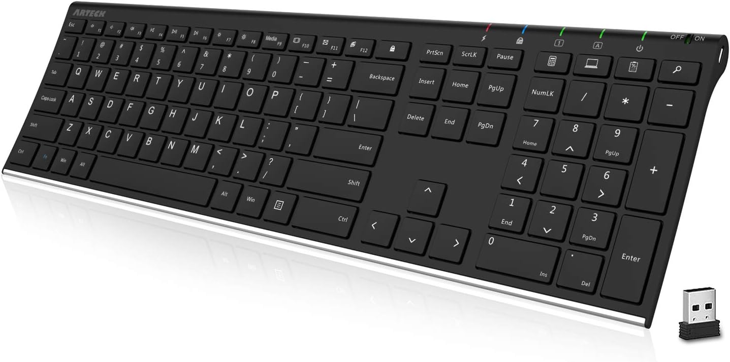 Arteck 2.4G Wireless Ultra-Slim Stainless Steel Keyboard: Full-Size wi