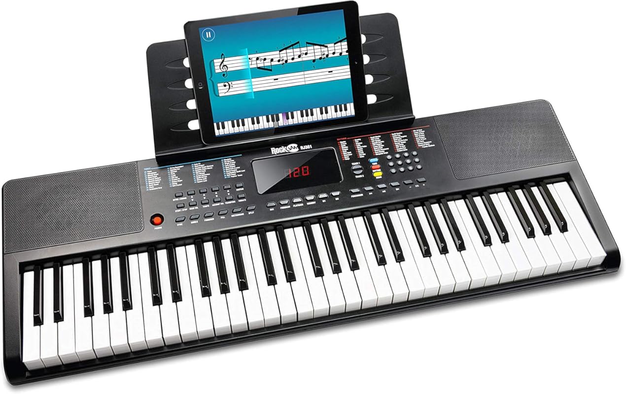 RockJam 61-Key Compact Keyboard Piano with LED Display, Keynote Sticke