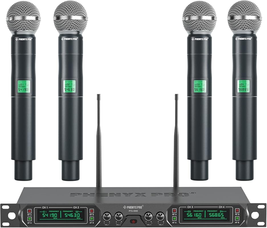 Phenyx Pro 4-Channel UHF Wireless Mic: 4 Handheld Mics, Fixed Frequenc