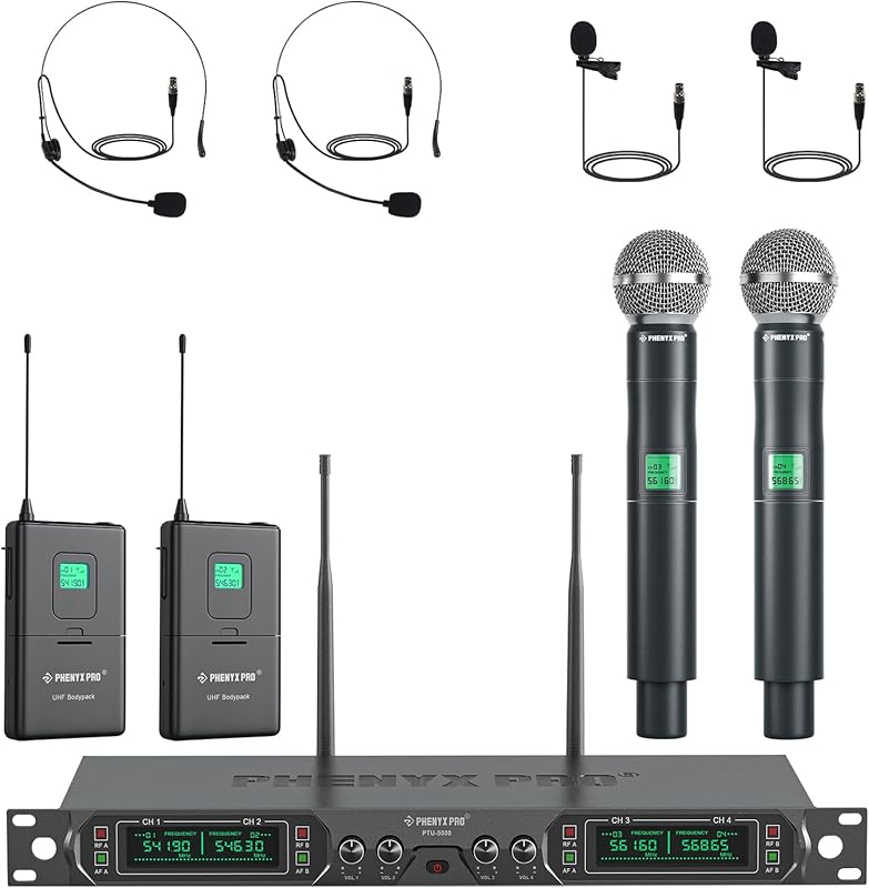 Phenyx Pro 4-Channel UHF Wireless Microphone System with Handheld, Bod