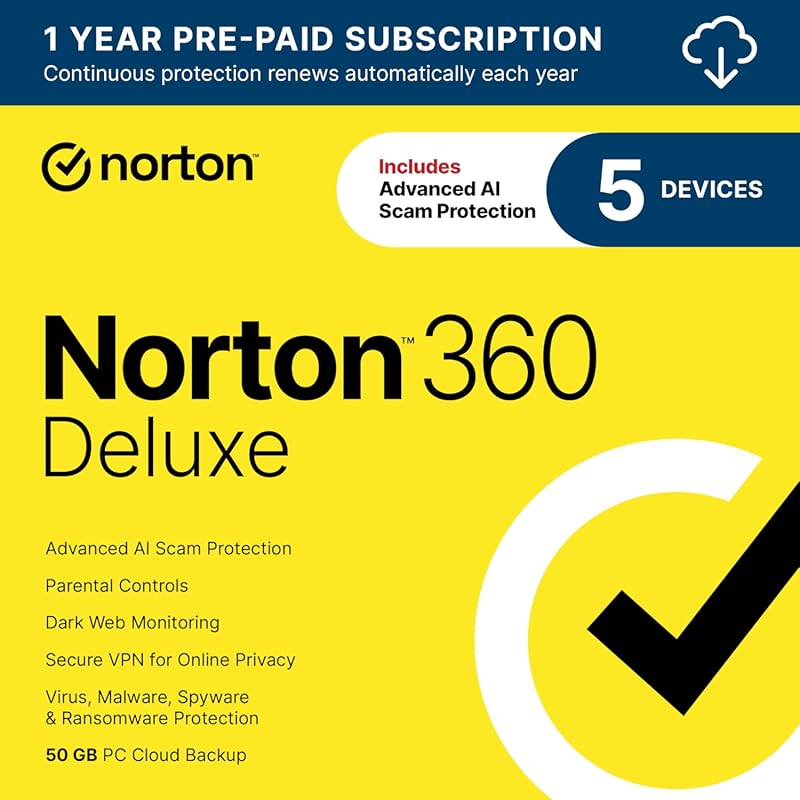 Norton 360 Deluxe 2026 for 5 devices: AI scam protection, VPN, dark we
