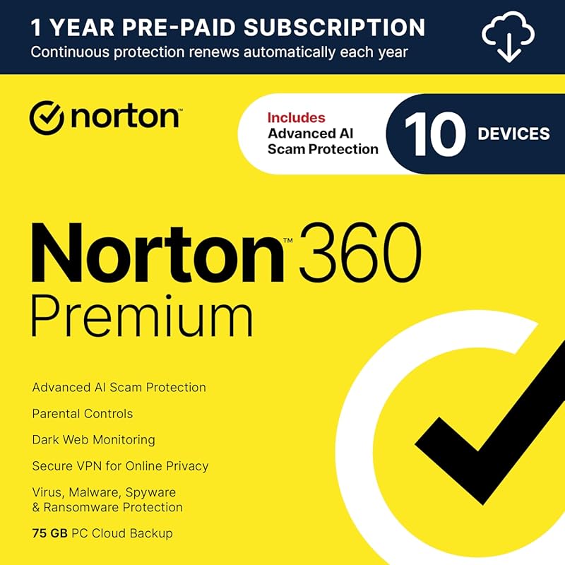 Norton 360 Premium 2026 for 10 devices: AI scam protection, VPN, dark 