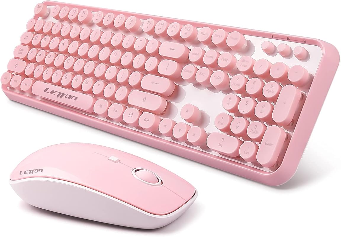 Pink Retro Typewriter Wireless Keyboard and Mouse Combo with Cute Bubb