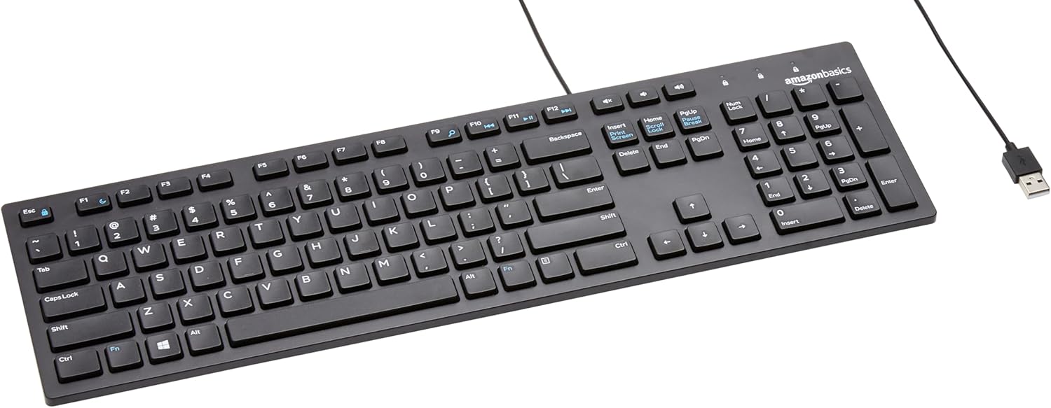 Amazon Basics Wired QWERTY Keyboard with Media Controls, Plug & Play,