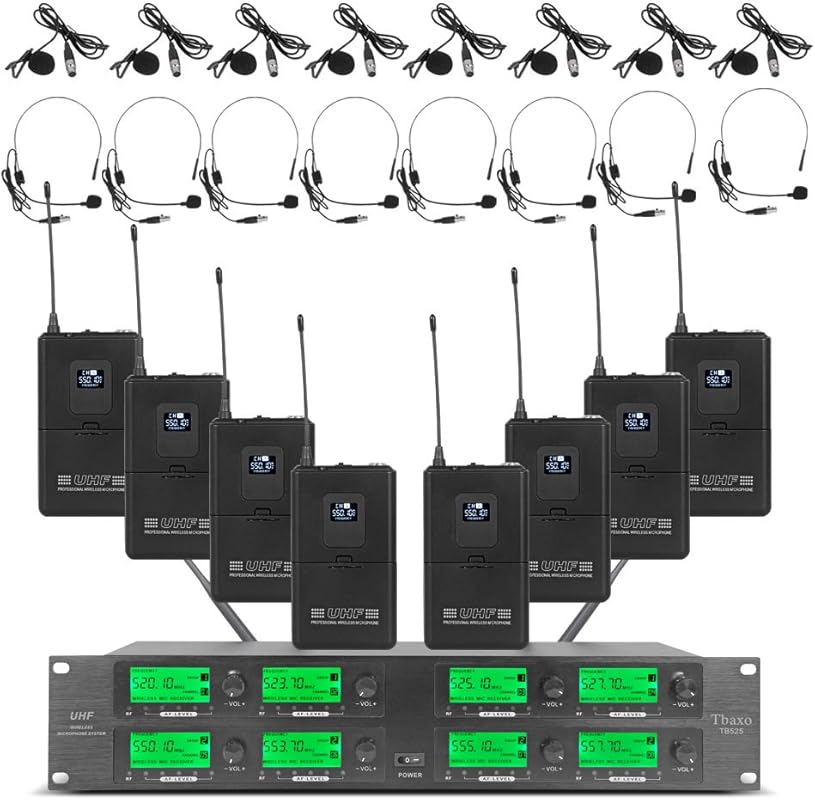 UHF Wireless Microphone System with 8 Channels, 8 Lavalier & Headset M