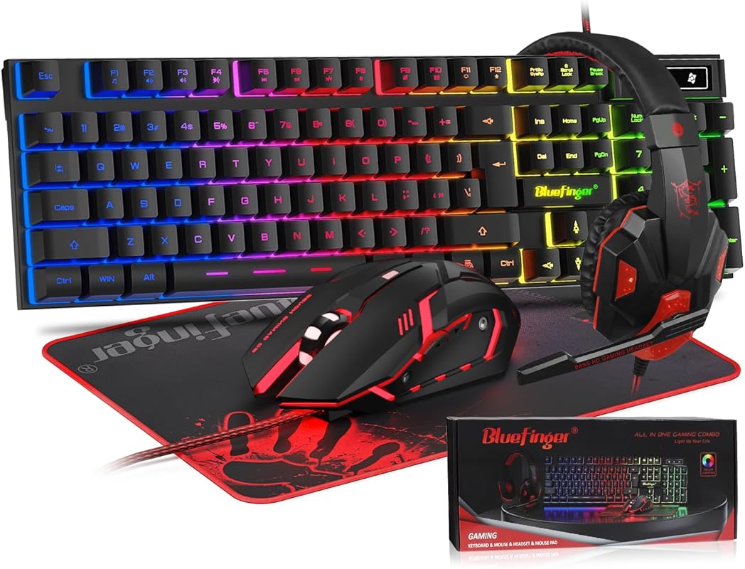 BlueFinger RGB Gaming Keyboard Mouse Headset Combo: USB Wired Backlit 