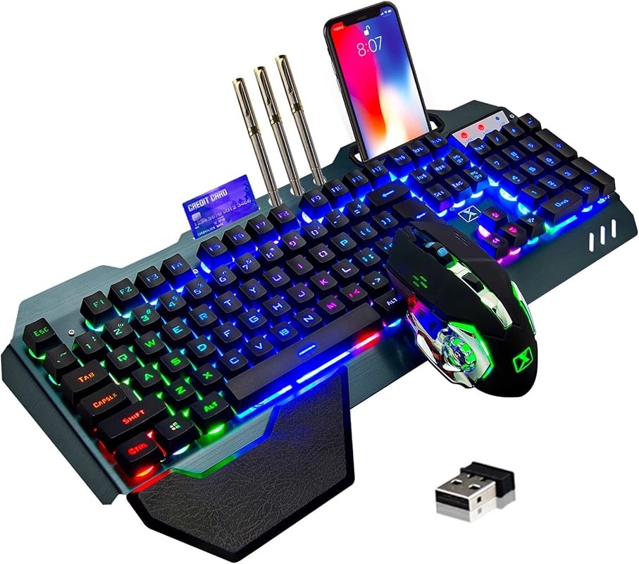 Wireless Gaming Keyboard and Mouse Combo: Rainbow Backlit, Rechargeable 3800mAh Metal Panel, Removable Wrist Rest, 7-Color Mute Mouse