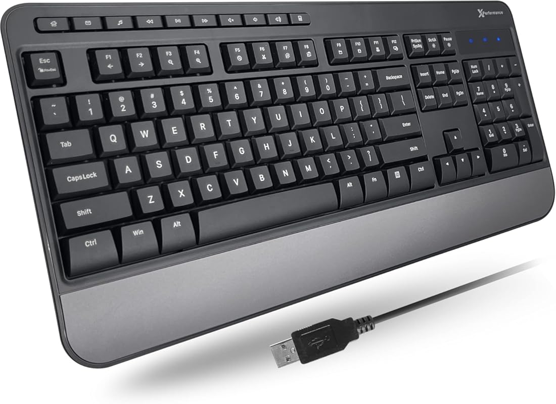 X9 Wired Ergonomic Full-Size USB Keyboard with Wrist Rest, Number Pad,