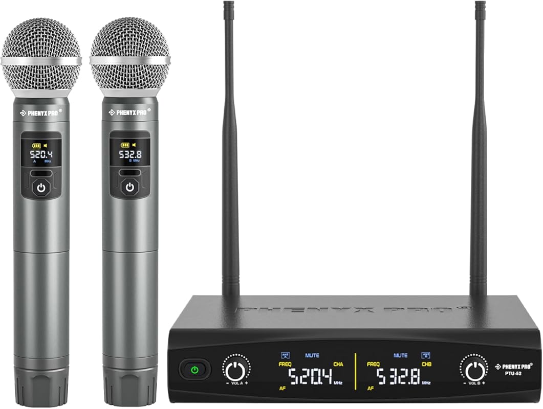 Phenyx Pro Wireless Mic: Handheld Dynamic Mics, 2x30 UHF Frequencies, 