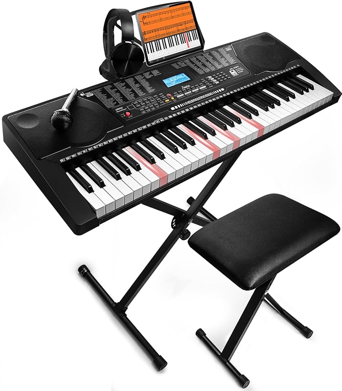 61-Key Portable Electronic Keyboard Piano with Lighted Keys, LCD Displ