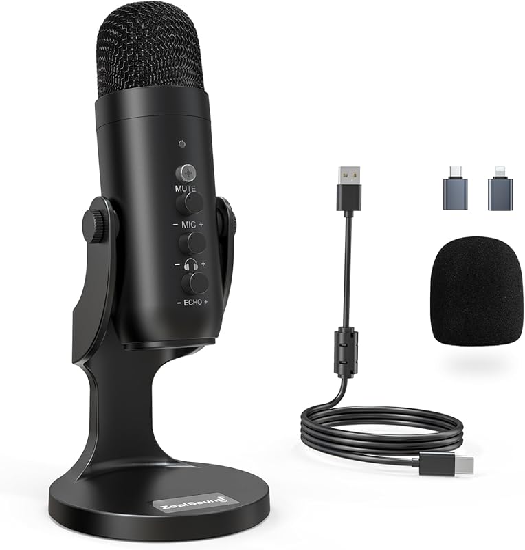 ZealSound USB Podcast Microphone with Noise Cancellation, Gain & Volum