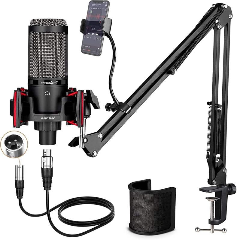 Professional XLR Condenser Microphone Kit with Boom Arm, Cardioid Pick