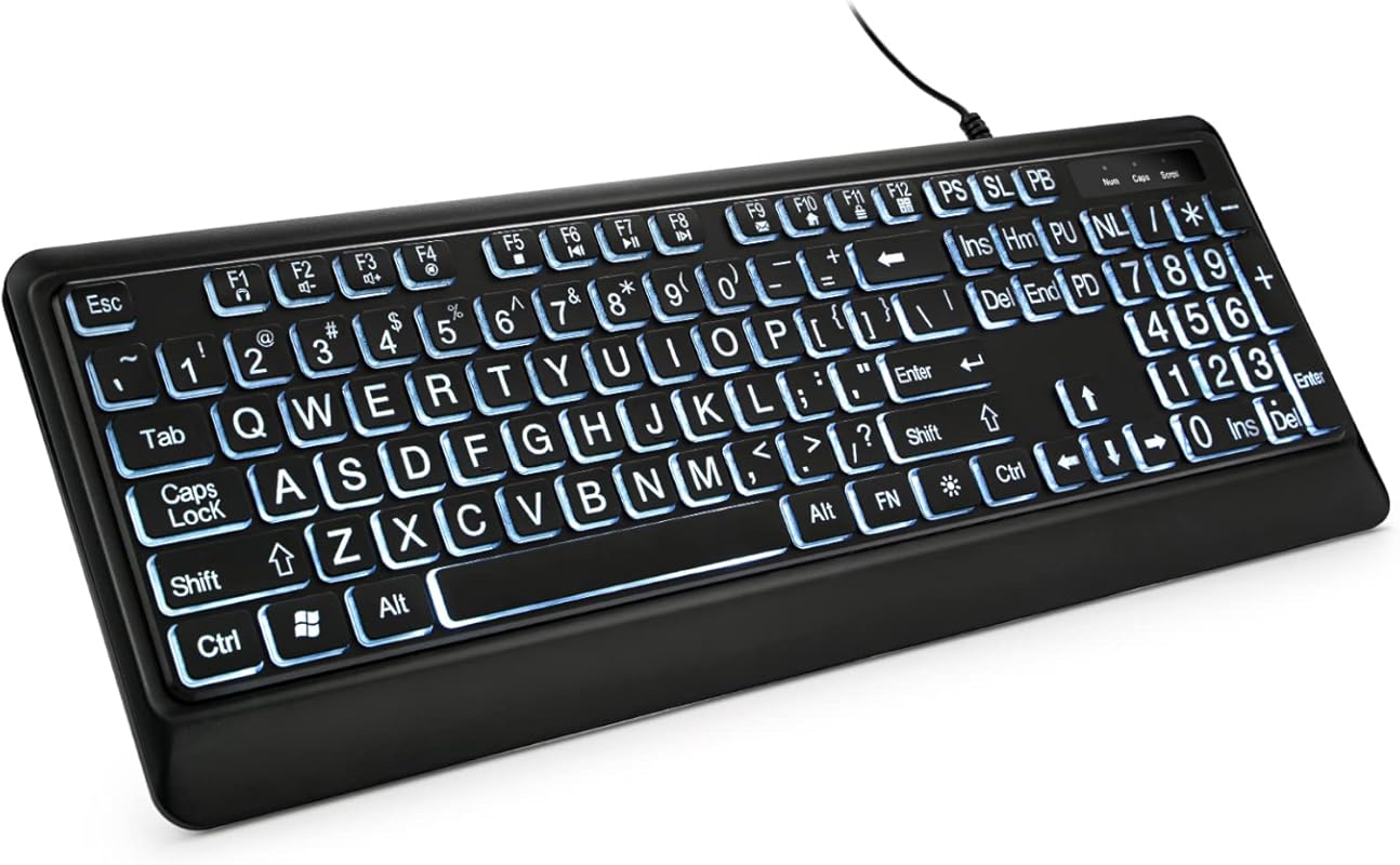 USB Wired Large Print Backlit Keyboard: Full-Size with White LED Illum