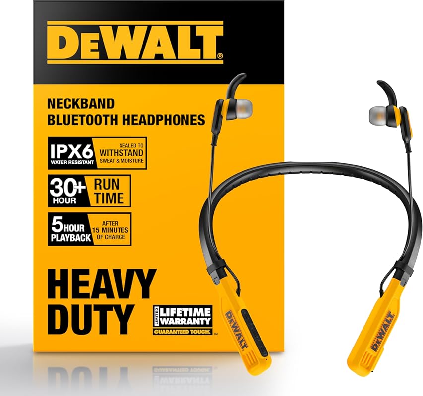 DEWALT Jobsite Pro Bluetooth Neckband Headphones with 30H runtime, noi