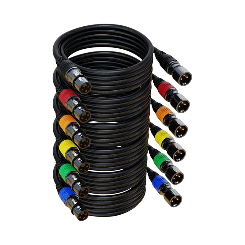 XLR Microphone Cable 25ft 6-Pack Gold-Plated 3-Pin XLR Balanced Male t