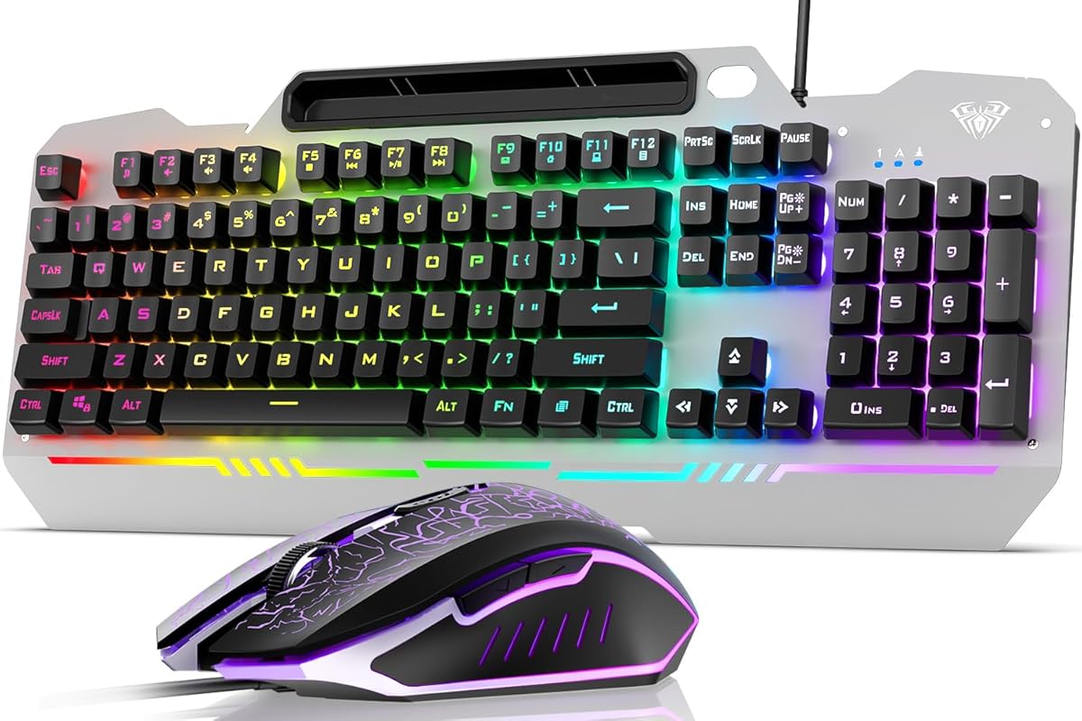 AULA T102 104-Key Gaming Keyboard and Mouse Combo with RGB Backlit, Metal Waterproof Panel, Numpad for Windows PCs