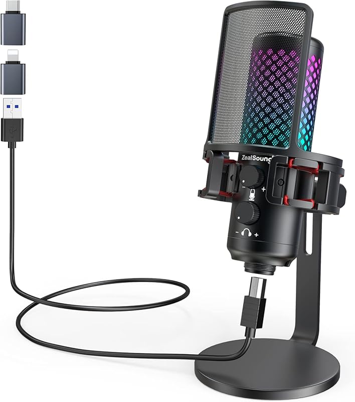 ZealSound USB Microphone for iPhone iPad PC RGB Gaming Metal Mute Pop 