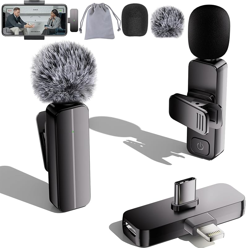 2-Pack Wireless Mini Lavalier Mic for iPhone Android with 65ft Range, 