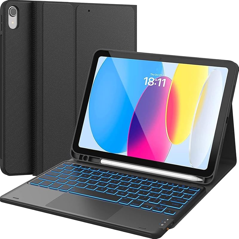 CHESONA iPad 10th/11th Gen Keyboard Case: 7-Color Backlight, Multi-Tou