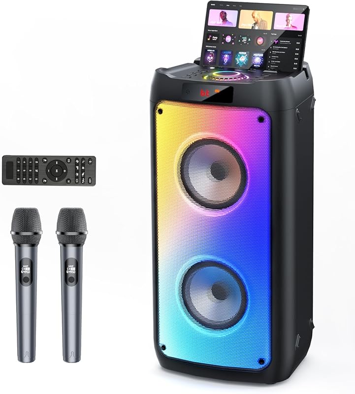 Karaoke Machine with 2 Wireless Microphones, Portable Bluetooth Speake