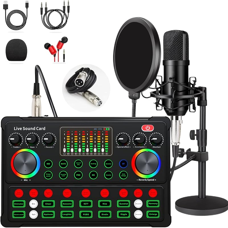 Podcast Equipment Bundle with 48V XLR Microphone, Voice Changer, Adjus