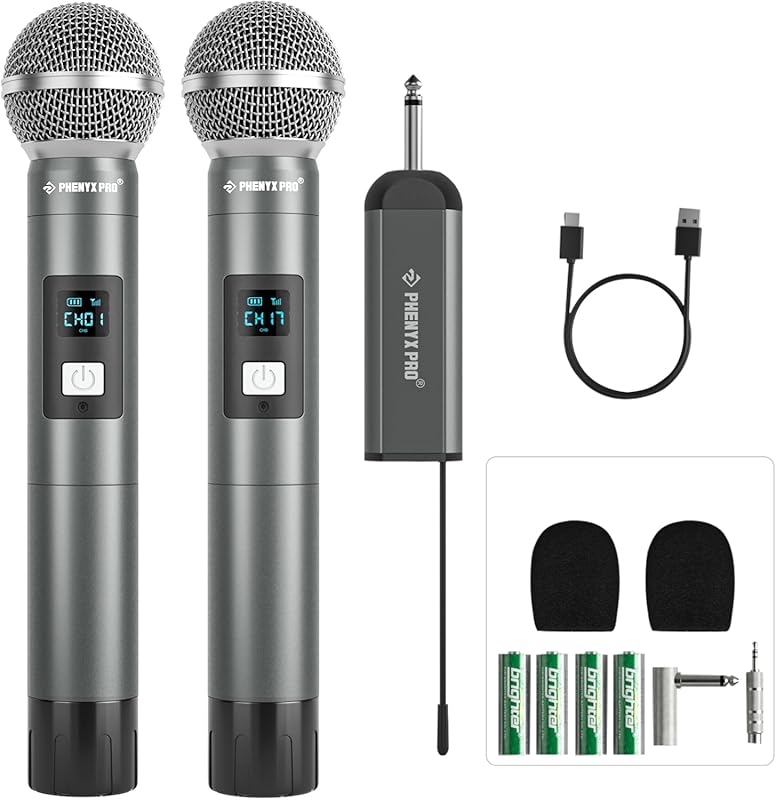 Phenyx Pro Wireless Microphone with 2 Handheld Mics, 15 UHF Frequency 