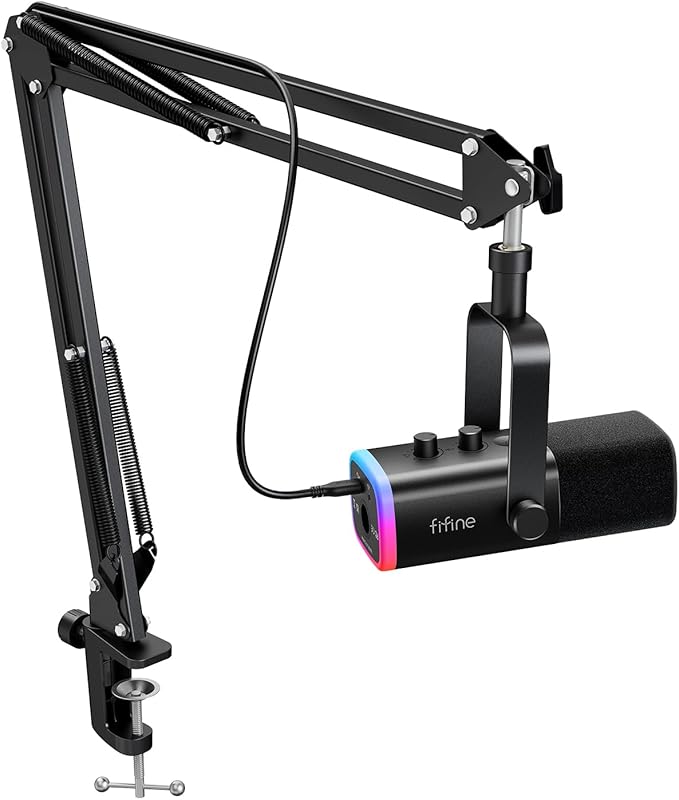 FIFINE AM8T XLR/USB Dynamic Gaming Microphone with RGB Boom Arm, Mute