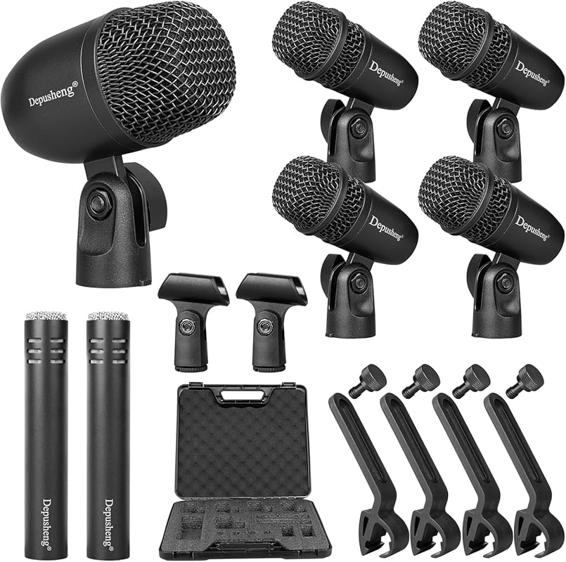Depusheng 7-Piece Drum Microphone Set with 5 Dynamic and 2 Condenser M