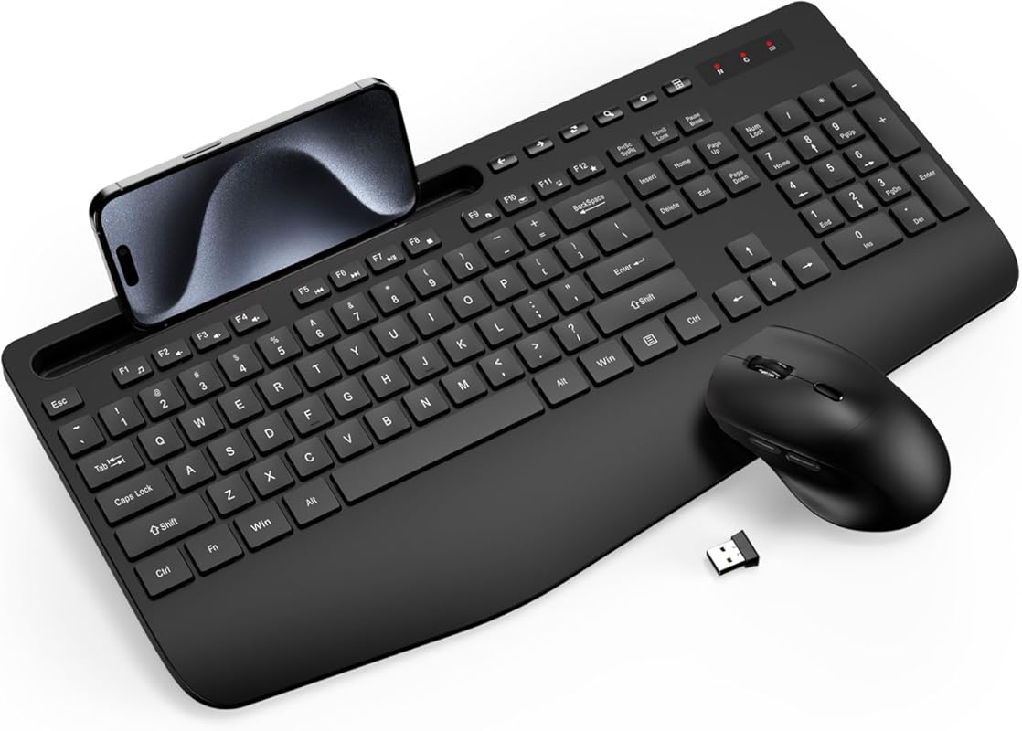 Trueque Wireless Keyboard Mouse Full-Sized Ergonomic Wrist Rest Phone