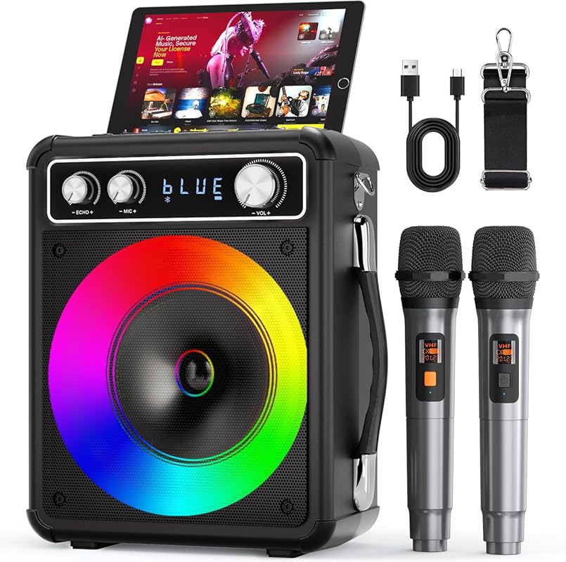 Karaoke Machine with 2 Wireless Microphones, Portable Bluetooth Speake