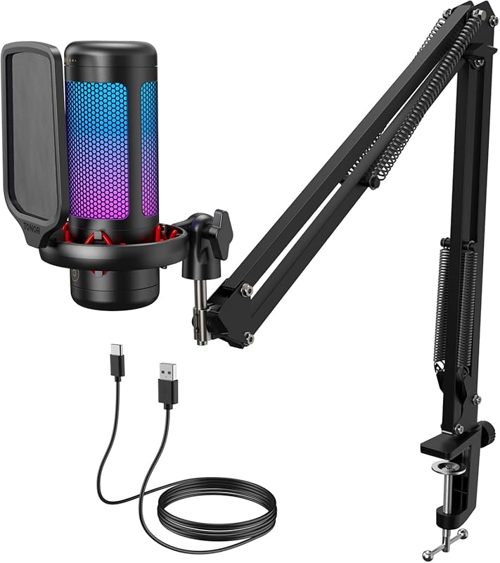 TONOR TC310+ Gaming Microphone: Boom Arm, USB Condenser, RGB Lighting,