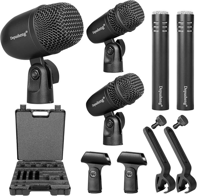 Depusheng 5-Piece Drum Microphone Set with 3 Dynamic and 2 Condenser M
