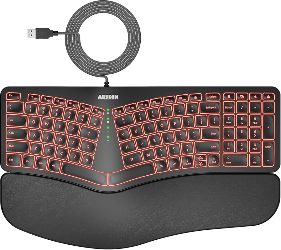 Arteck Ergonomic USB Wired Keyboard with Cushioned Wrist & Palm Rest,