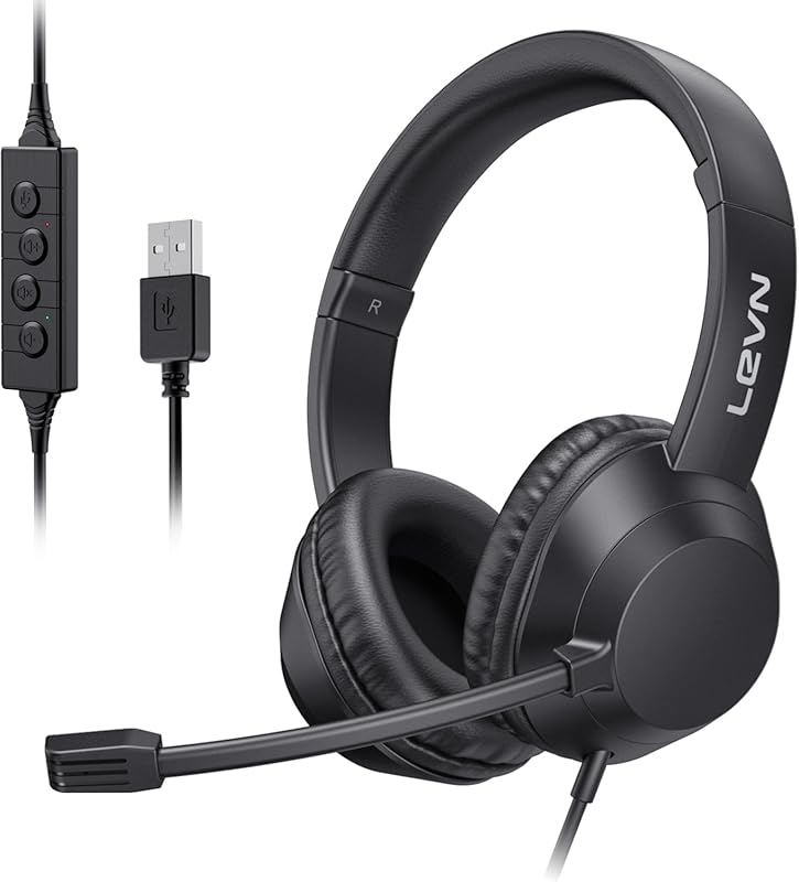 LEVN USB Headset Noise Cancelling Mic for PC Laptop, Work from Home Ca