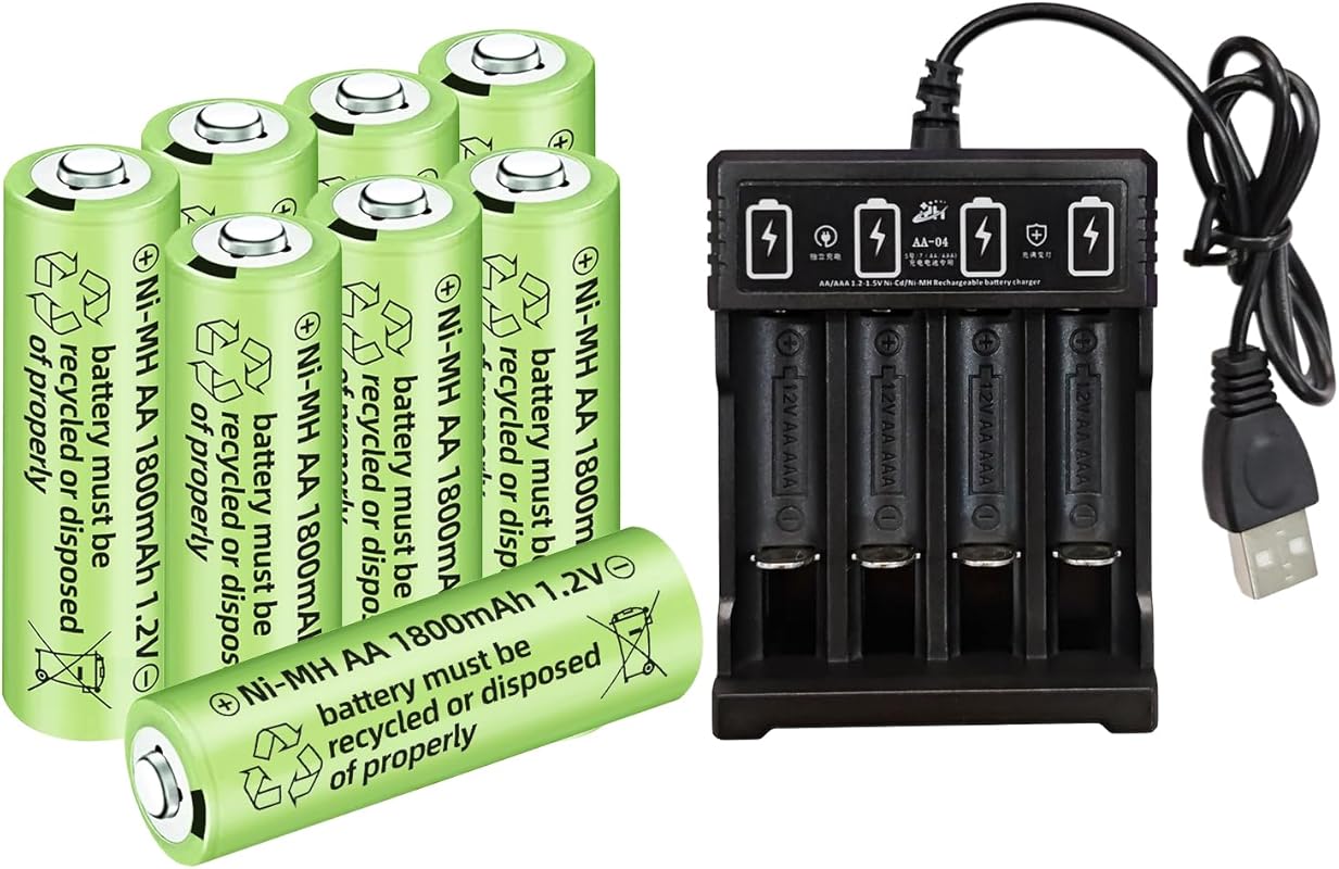 8-Pack 1.2V 1800mAh Ni-MH AA Rechargeable Batteries with USB Charger f
