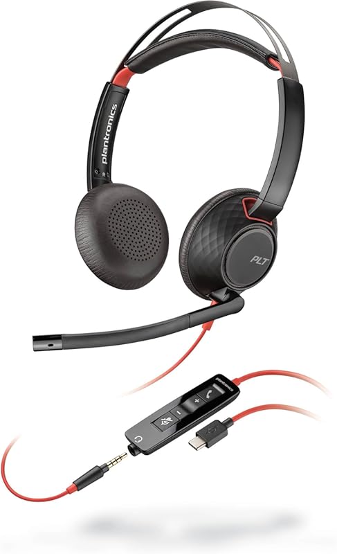Poly Blackwire 5220 Wired Headset Flexible Boom Mic, Noise Cancelling,