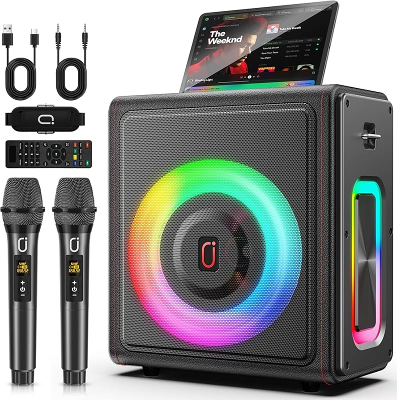 Karaoke Machine, Portable Bluetooth 5.3 Speaker with 2 Wireless Microp