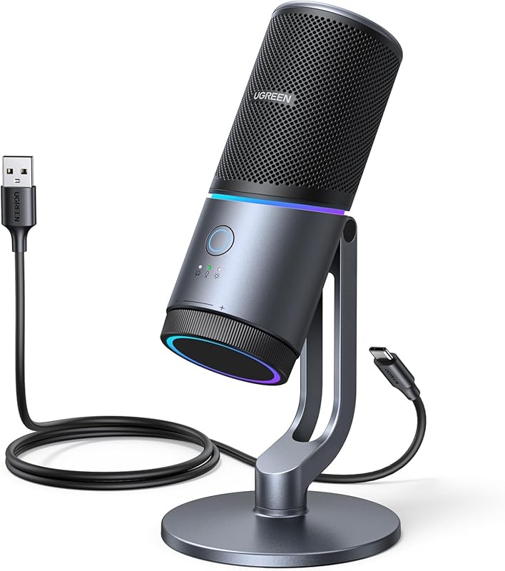 UGREEN USB Mic for PC: RGB Lights, Mute Button, 24bit/96kHz, Cardioid,