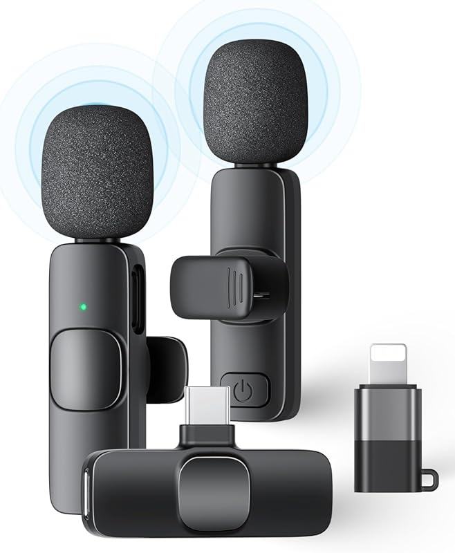 2-Pack Wireless Lavalier Mic for iPhone iPad Android Plug-and-Play Noi