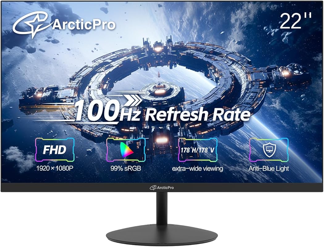 ArcticPro 22 Inch 100Hz 1080p Monitor: 105% sRGB, 3000:1 Contrast, Fra