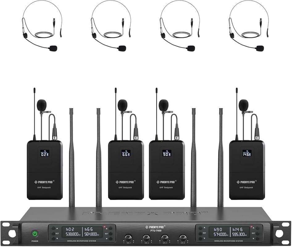 Phenyx Pro 4-Channel UHF Mic System with Auto Scan, 4 Bodypacks, Heads
