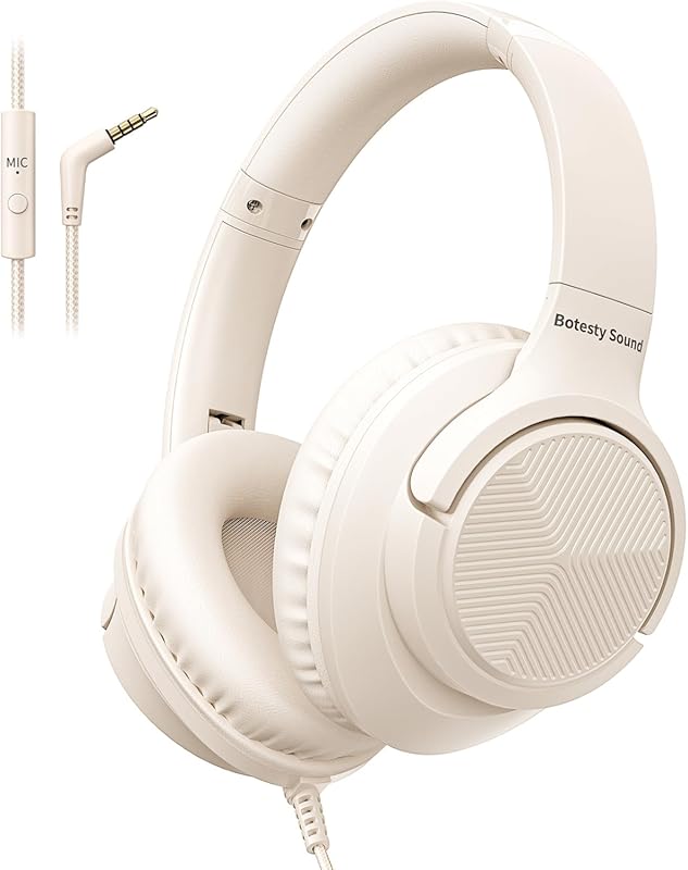 Wired Over-Ear Headphones with Mic, Foldable, 3.5mm Plug, 4.9ft Tangle