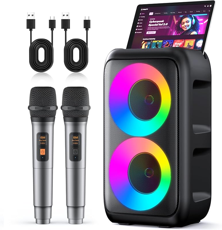 Karaoke Machine for Adults Kids, Portable Bluetooth Speaker with 2 Wir