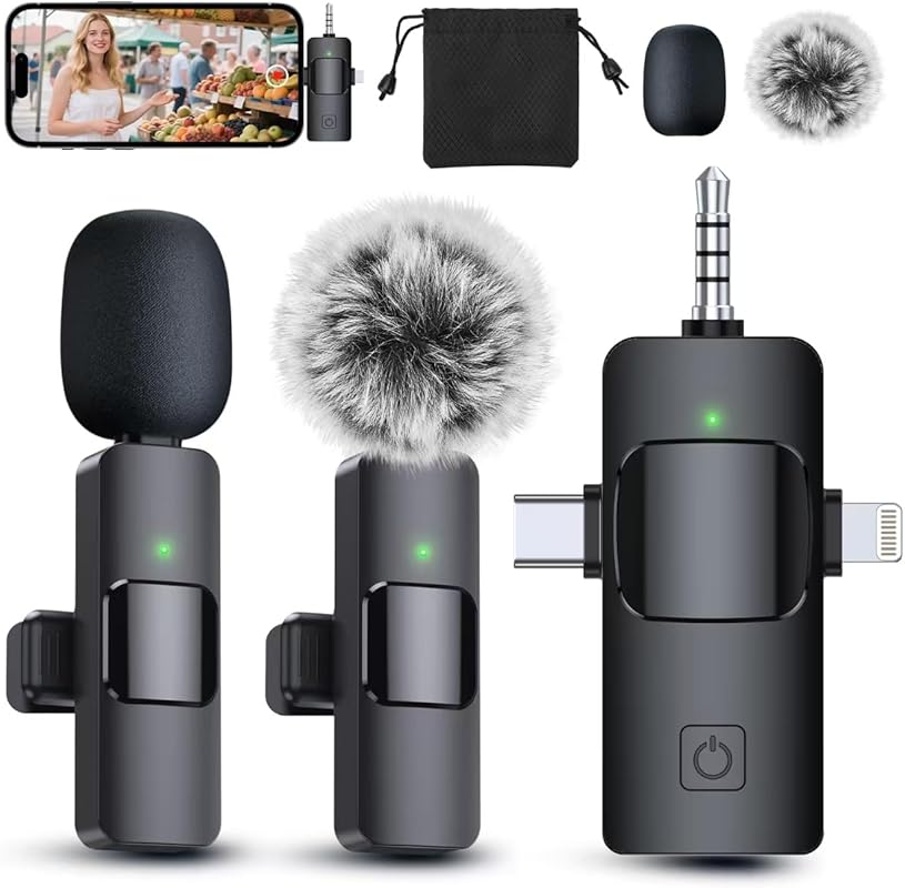 PQRQP 3-in-1 Professional Wireless Lavalier Mic for iPhone Android Cam