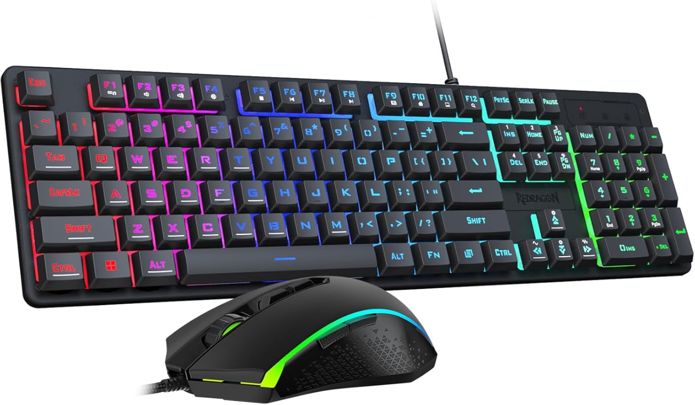 Redragon S107 Gaming Keyboard Mouse Combo: RGB, 10000 DPI, 25-Key Anti