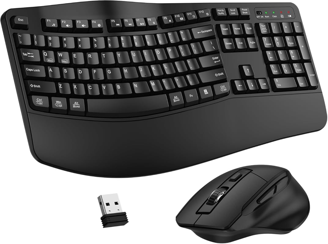 Wireless Keyboard Mouse Combo 2.4G Full-Size Ergonomic Wave Keys Wrist